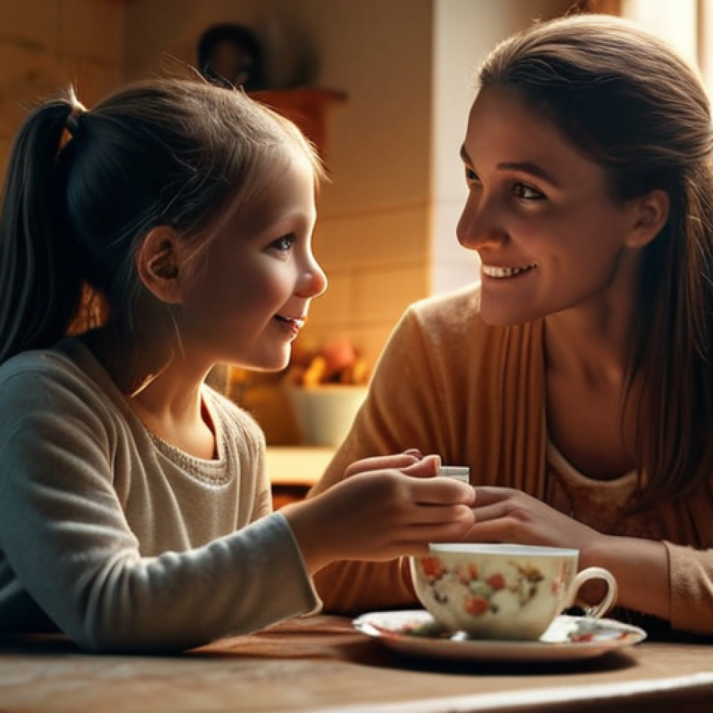 **A heartwarming scene of a mother and daughter sharing tea, evoking feelings of love and connection. Soft, nostalgic lighting. Focus on the emotional bond.**