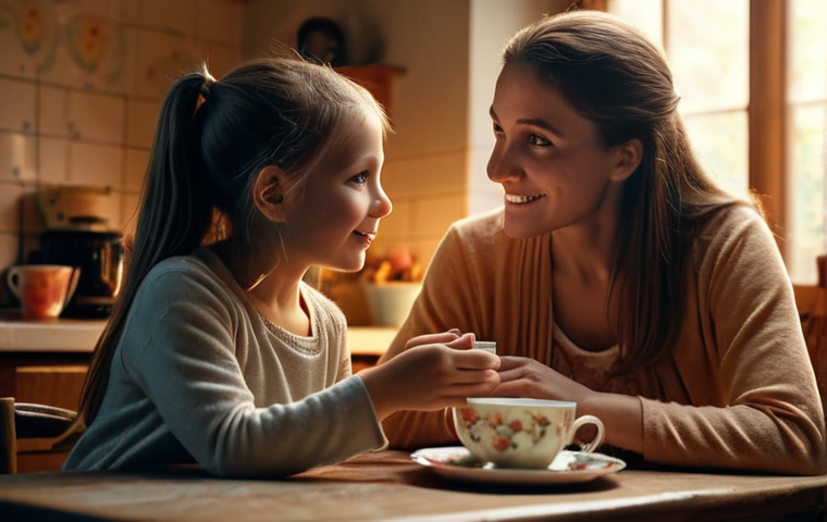 **A heartwarming scene of a mother and daughter sharing tea, evoking feelings of love and connection. Soft, nostalgic lighting. Focus on the emotional bond.**