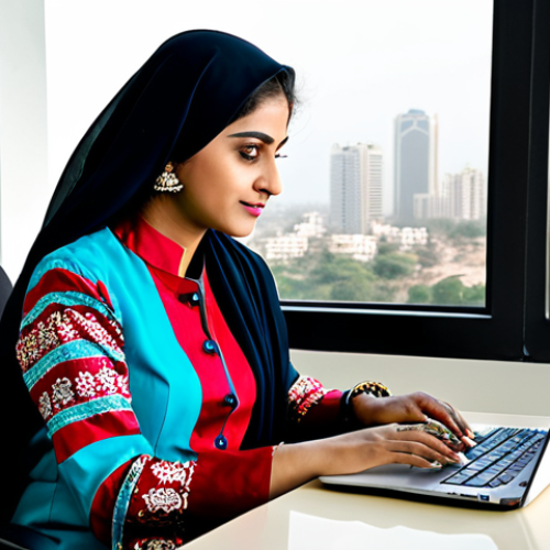 Home 28 **
"A professional businesswoman in a stylish, modest salwar kameez, working on a laptop in a brightly lit, modern office in Karachi. The office has a view of the city skyline. She is fully clothed in appropriate attire, safe for work, perfect anatomy, natural proportions, professional photography, high quality."
**