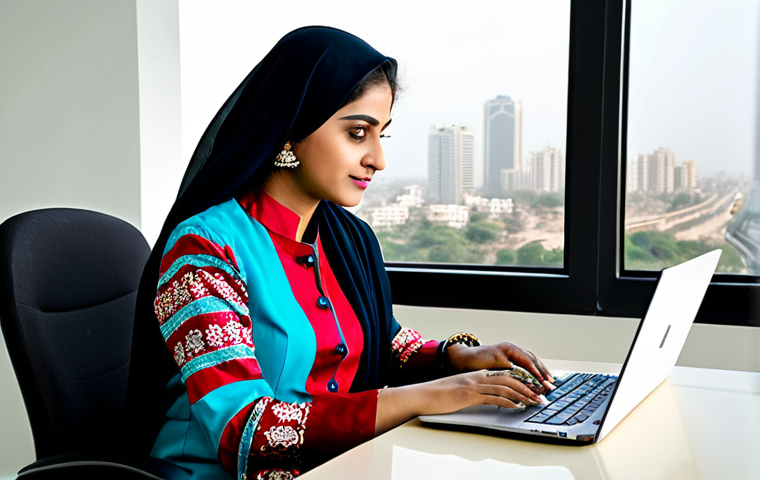 **

"A professional businesswoman in a stylish, modest salwar kameez, working on a laptop in a brightly lit, modern office in Karachi. The office has a view of the city skyline. She is fully clothed in appropriate attire, safe for work, perfect anatomy, natural proportions, professional photography, high quality."

**
