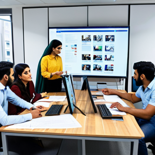 Home 26 Social Media Marketing**
A busy social media marketing team brainstorming in a modern office. Several team members are looking at computer screens displaying social media feeds with ads in Urdu. Desks are covered in papers and marketing materials. Professional and collaborative atmosphere. Safe for work, appropriate content, fully clothed, professional attire, perfect anatomy, correct proportions, well-formed hands, natural pose.
**