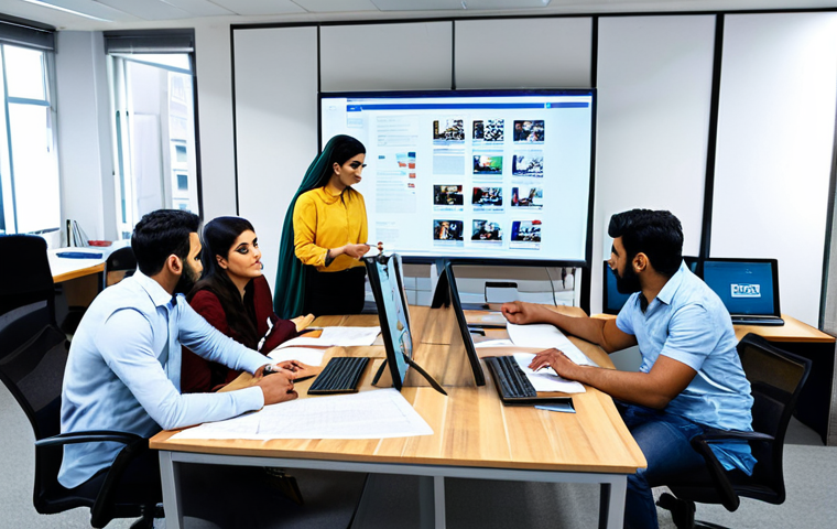 Social Media Marketing**
A busy social media marketing team brainstorming in a modern office. Several team members are looking at computer screens displaying social media feeds with ads in Urdu. Desks are covered in papers and marketing materials. Professional and collaborative atmosphere. Safe for work, appropriate content, fully clothed, professional attire, perfect anatomy, correct proportions, well-formed hands, natural pose.
**